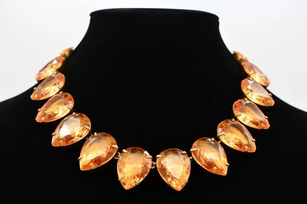 J.Crew Vintage Orange Crystal Teardrop Gold Statement Necklace Chunky Heavy BinY